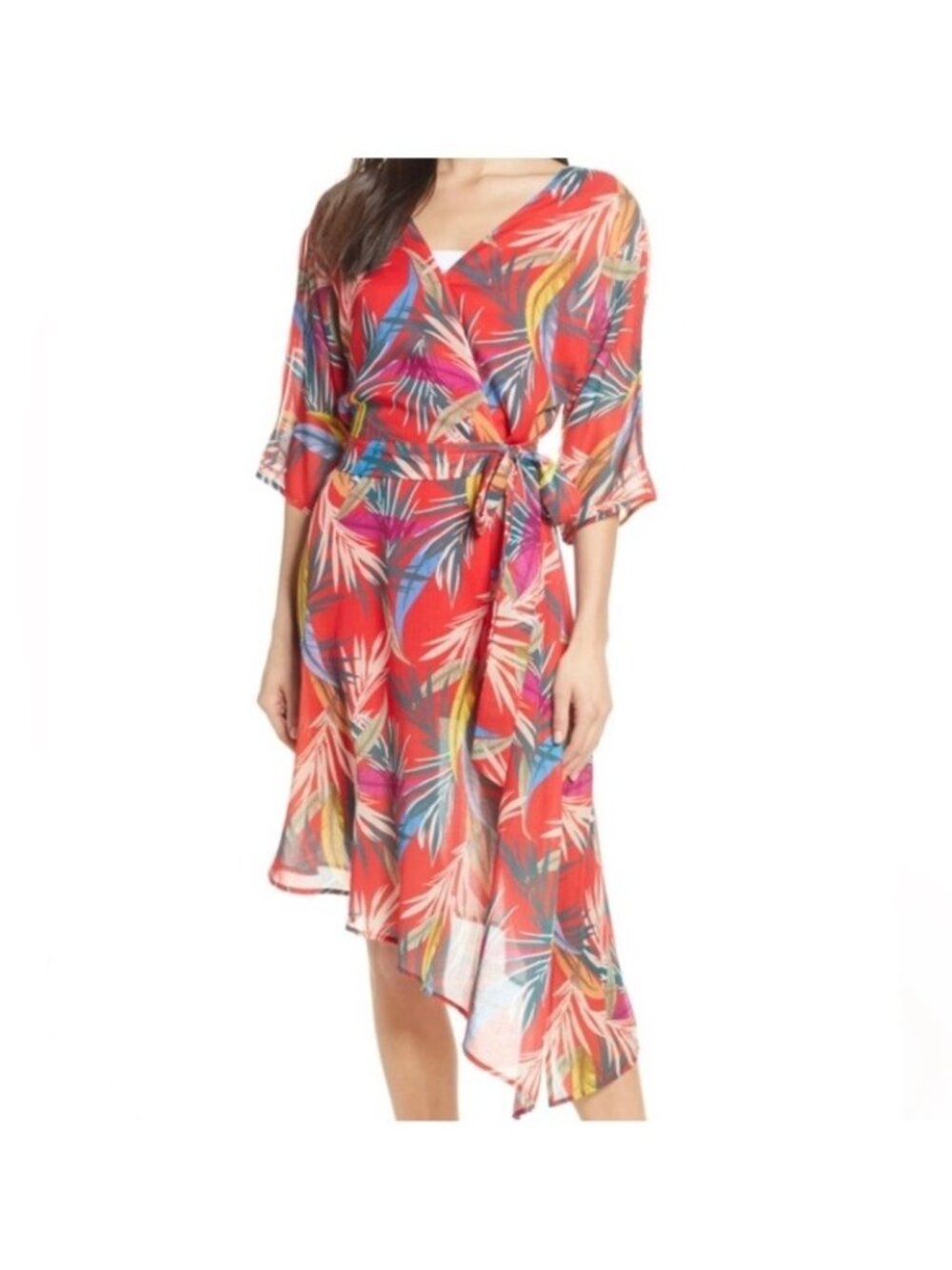RED CARTER Anthropologie Eliza Cover-up Wrap Red Dress Women's XS Tropical Leaf